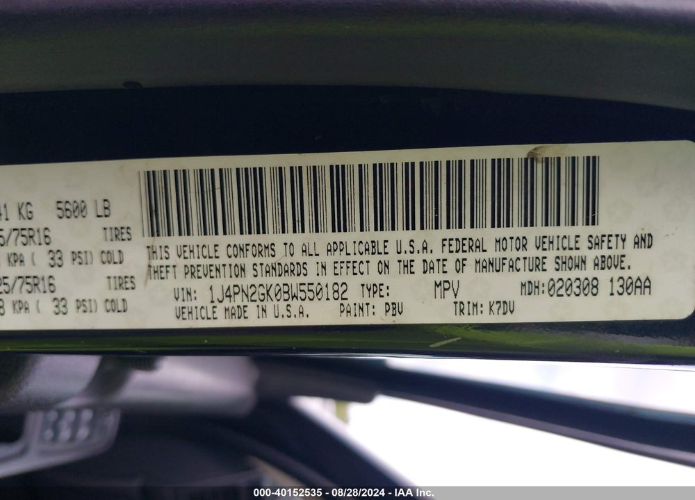 2011 JEEP LIBERTY VIN: 1J4PN2GK0BW550182