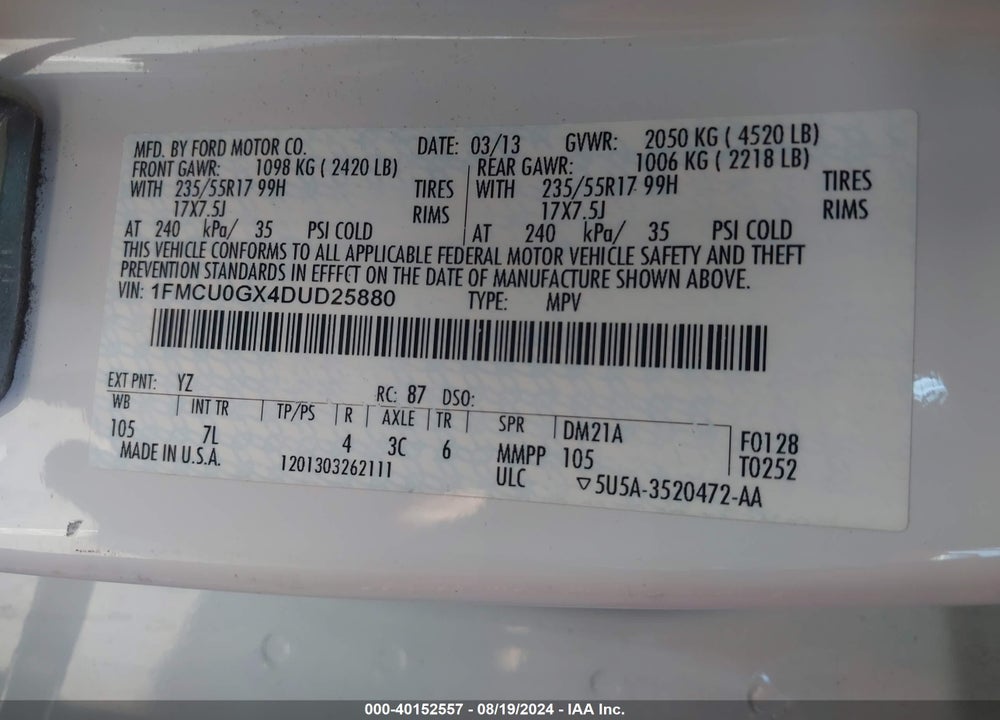 2013 FORD ESCAPE SE VIN: 1FMCU0GX4DUD25880