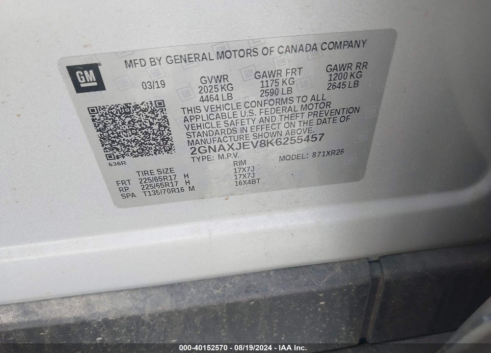2019 CHEVROLET EQUINOX LT VIN: 2GNAXJEV8K6255457