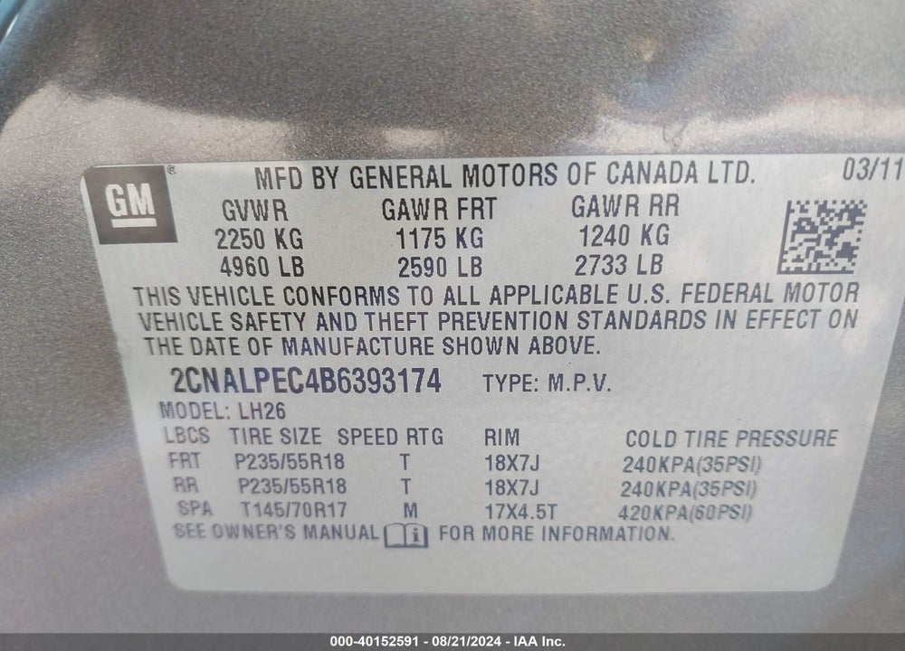 2011 CHEVROLET EQUINOX 2LT VIN: 2CNALPEC4B6393174