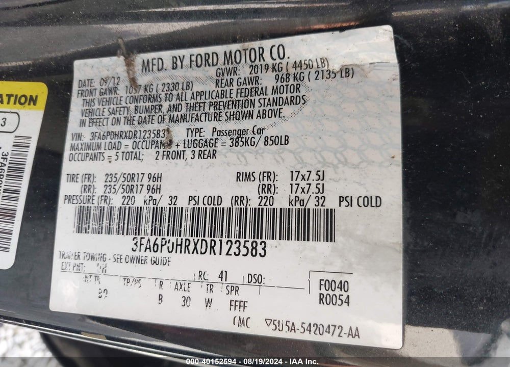 2013 FORD FUSION SE VIN: 3FA6P0HRXDR123583
