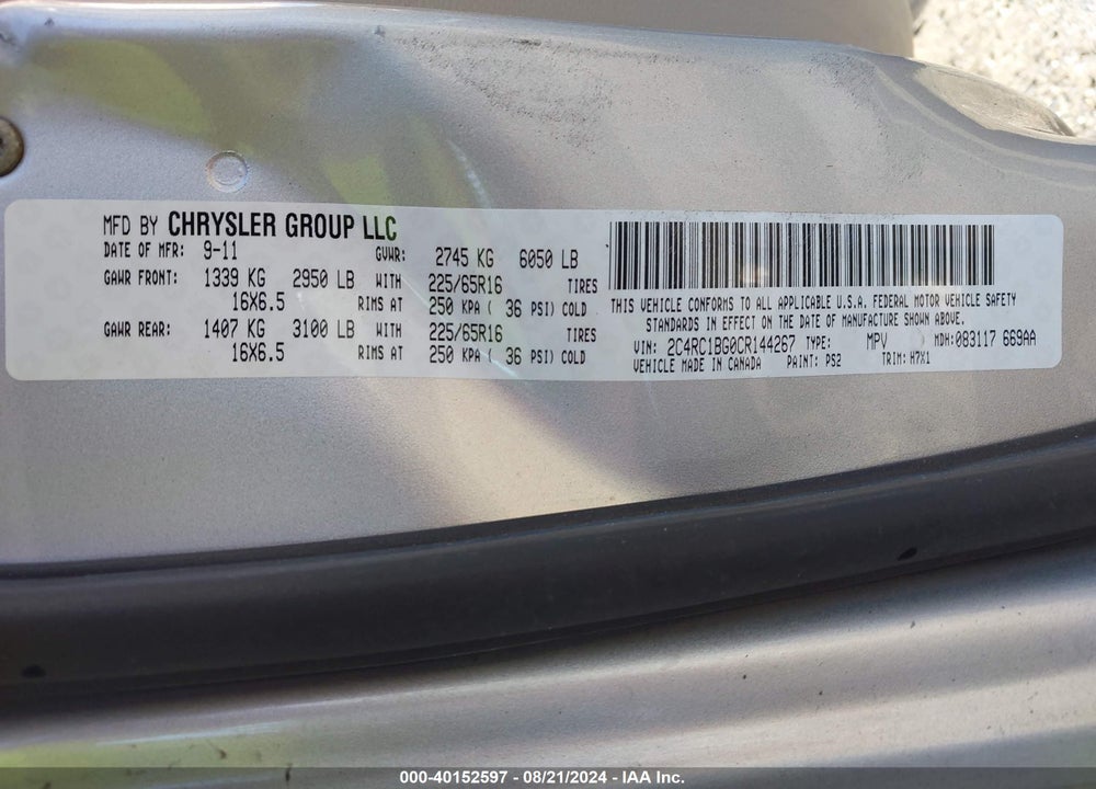 2012 CHRYSLER TOWN & COUNTRY TOURING VIN: 2C4RC1BG0CR144267