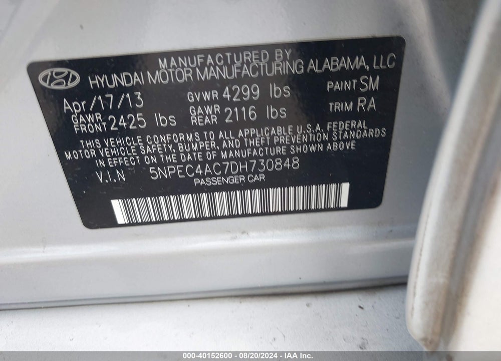 2013 HYUNDAI SONATA SE VIN: 5NPEC4AC7DH730848