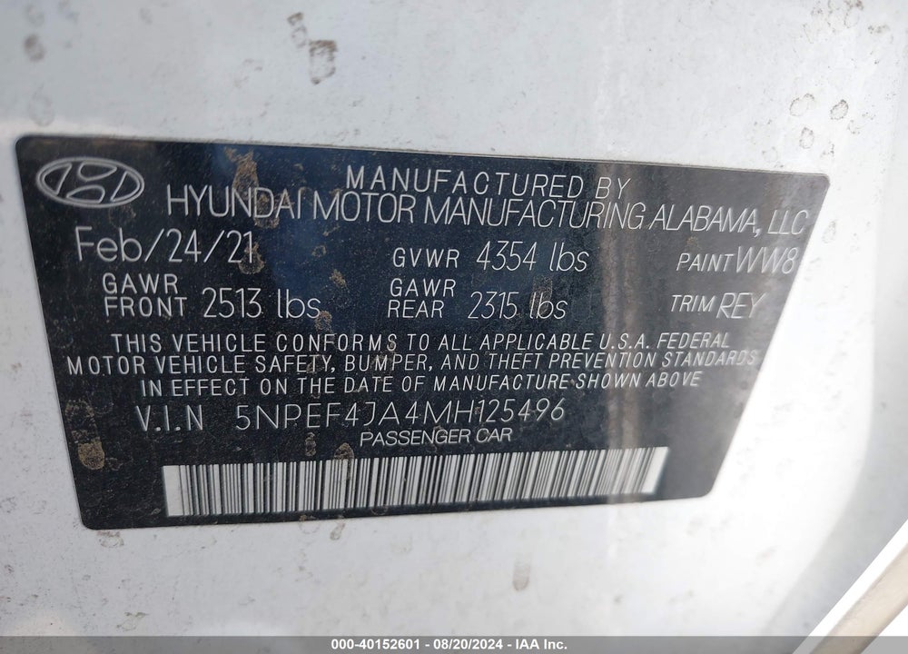 2021 HYUNDAI SONATA SEL VIN: 5NPEF4JA4MH125496