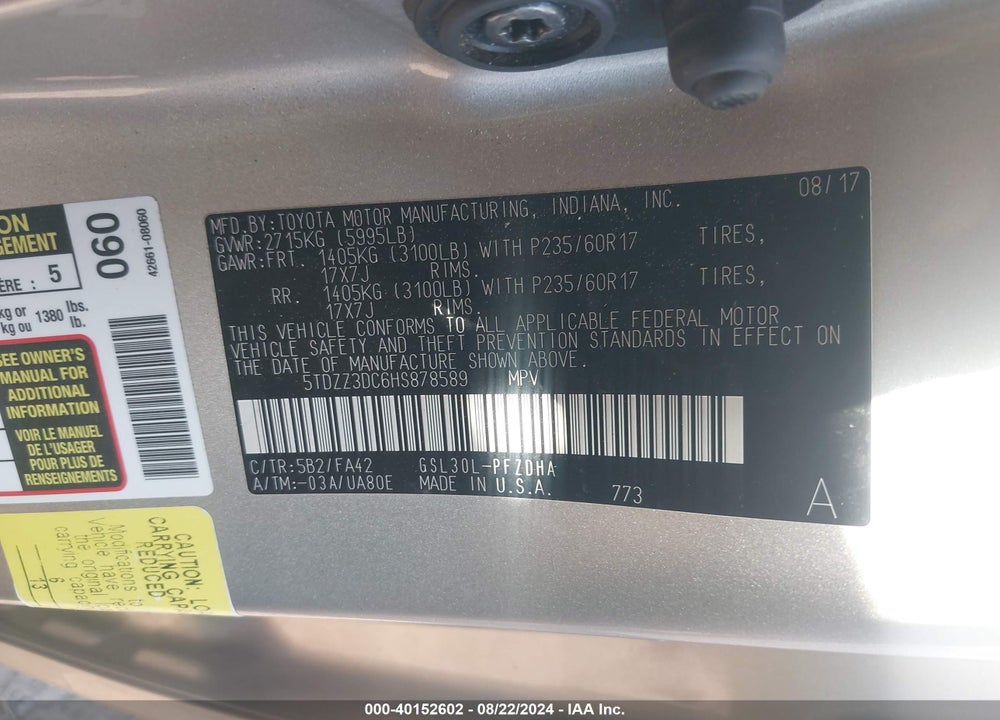 2017 TOYOTA SIENNA L 7 PASSENGER VIN: 5TDZZ3DC6HS878589