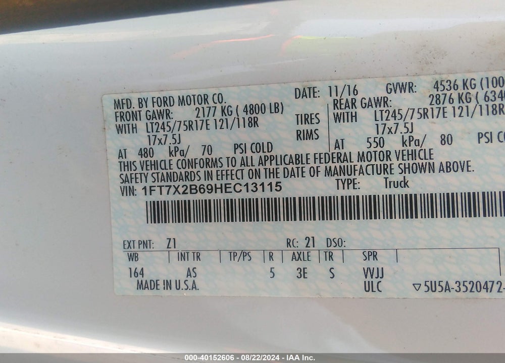 2017 FORD F-250 XL VIN: 1FT7X2B69HEC13115