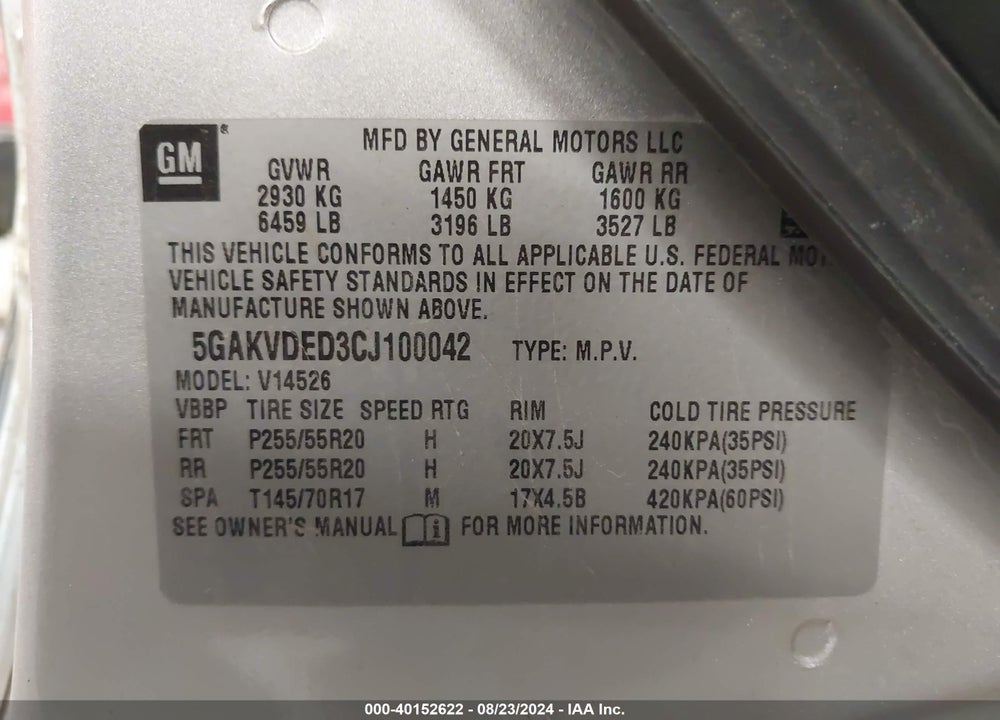 2012 BUICK ENCLAVE PREMIUM VIN: 5GAKVDED3CJ100042
