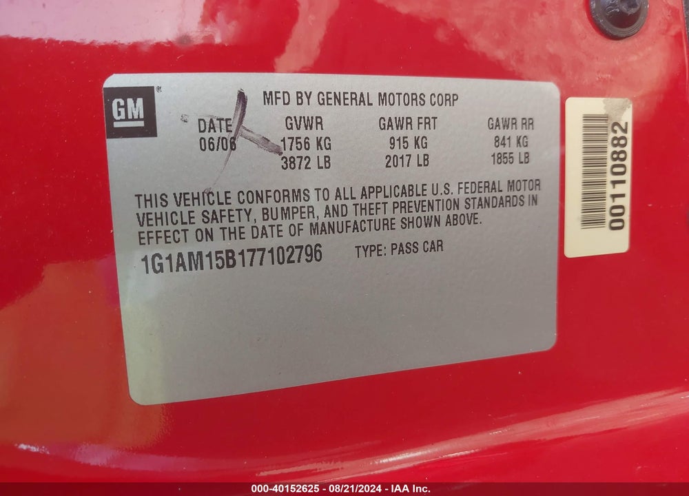 2007 CHEVROLET COBALT SS VIN: 1G1AM15B177102796
