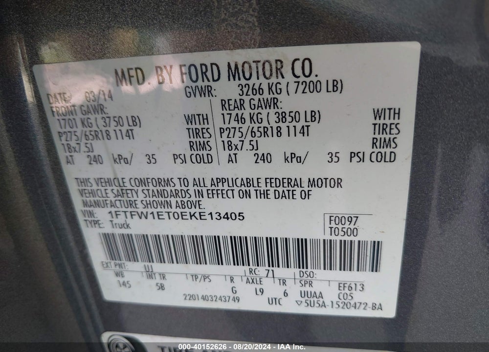 2014 FORD F-150 FX4 VIN: 1FTFW1ET0EKE13405