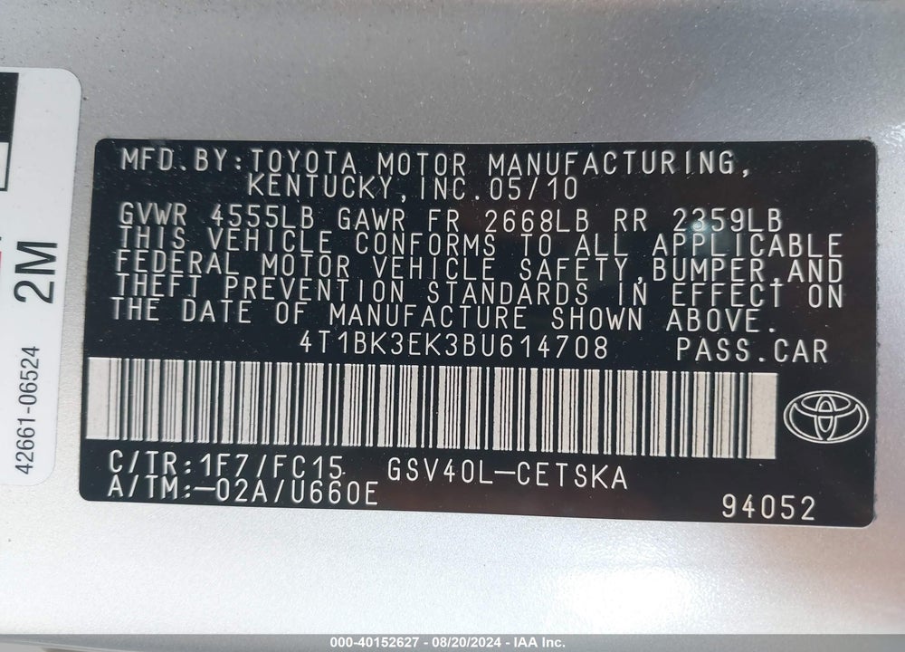 2011 TOYOTA CAMRY SE V6 VIN: 4T1BK3EK3BU614708