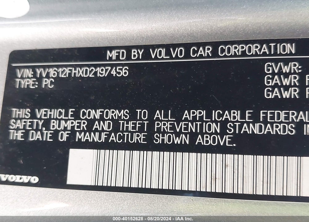 2013 VOLVO S60 T5/T5 PLATINUM/T5 PREMIER/T5 PREMIER PLUS VIN: YV1612FHXD2197456