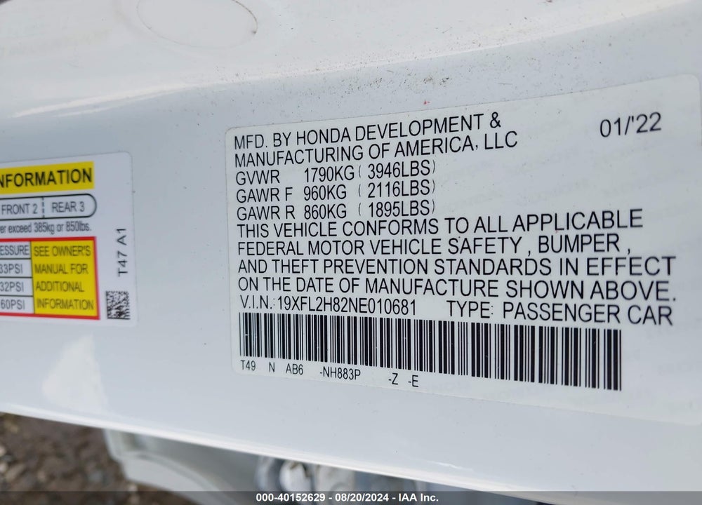 2022 HONDA CIVIC SPORT VIN: 19XFL2H82NE010681