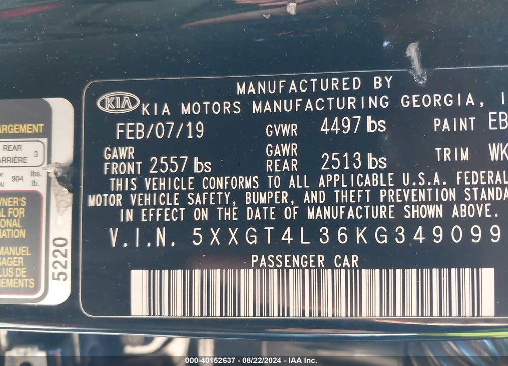 2019 KIA OPTIMA LX VIN: 5XXGT4L36KG349099
