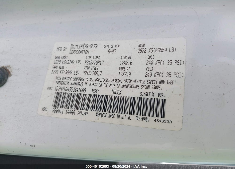 2005 DODGE RAM 1500 ST VIN: 1D7HA16N35J641689
