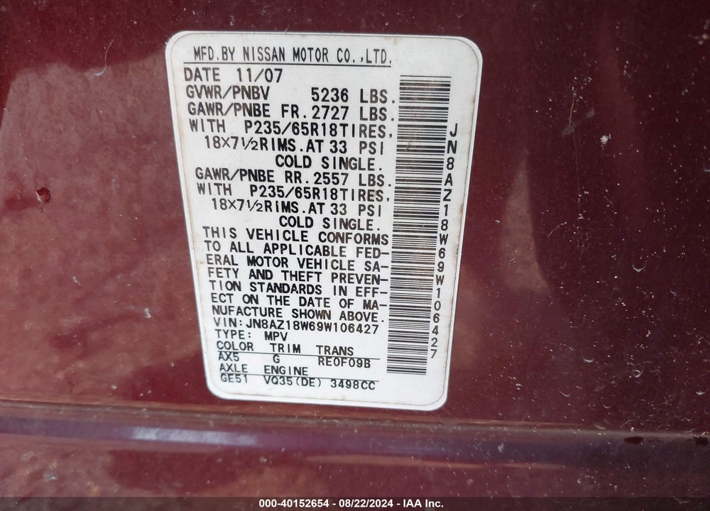 2009 NISSAN MURANO S VIN: JN8AZ18W69W106427