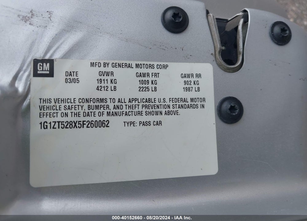 2005 CHEVROLET MALIBU LS VIN: 1G1ZT528X5F260062