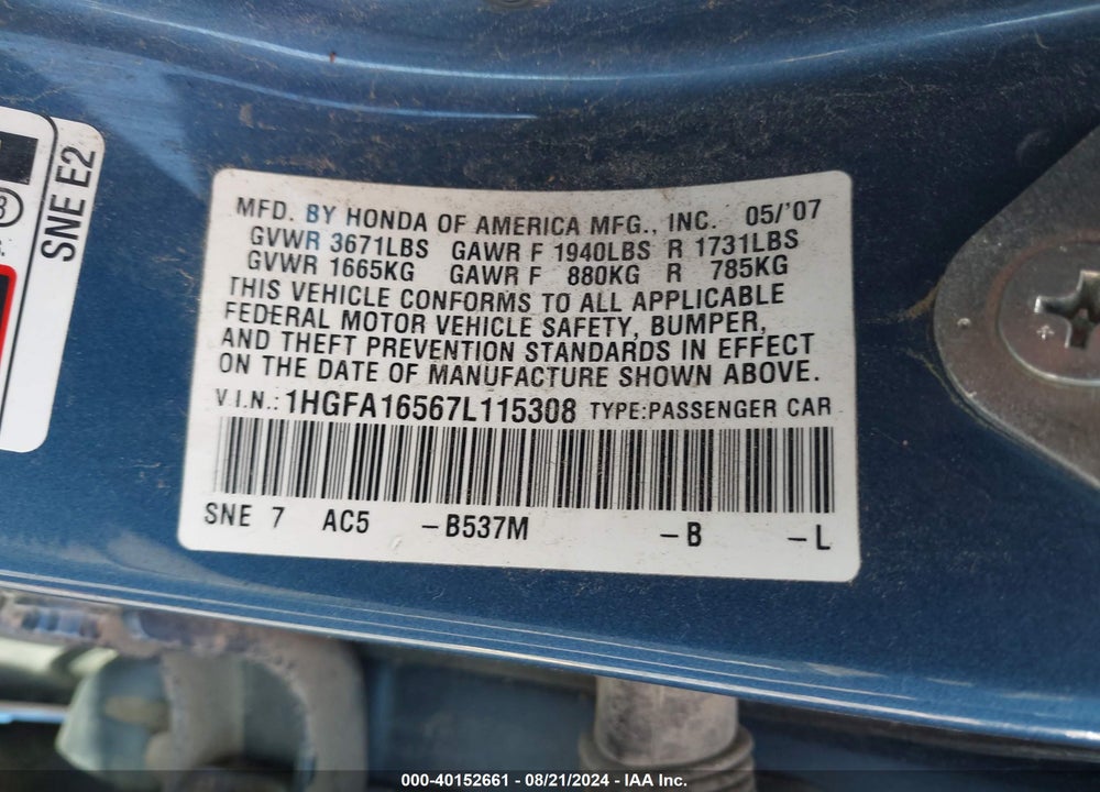 2007 HONDA CIVIC LX VIN: 1HGFA16567L115308