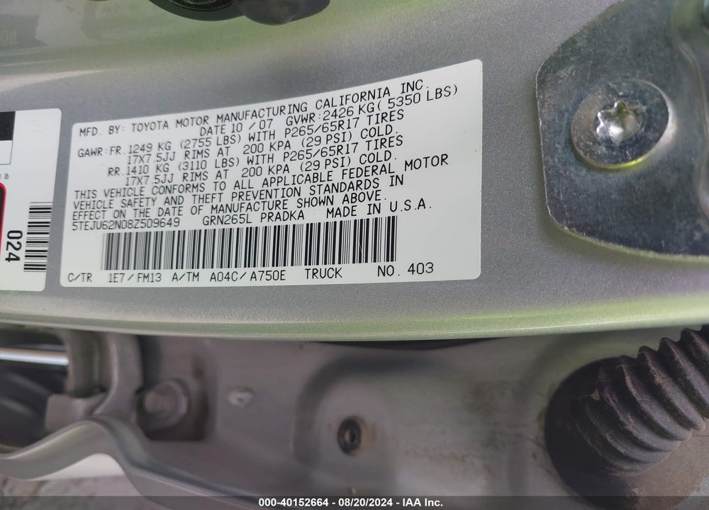 2008 TOYOTA TACOMA PRERUNNER V6 VIN: 5TEJU62N08Z509649
