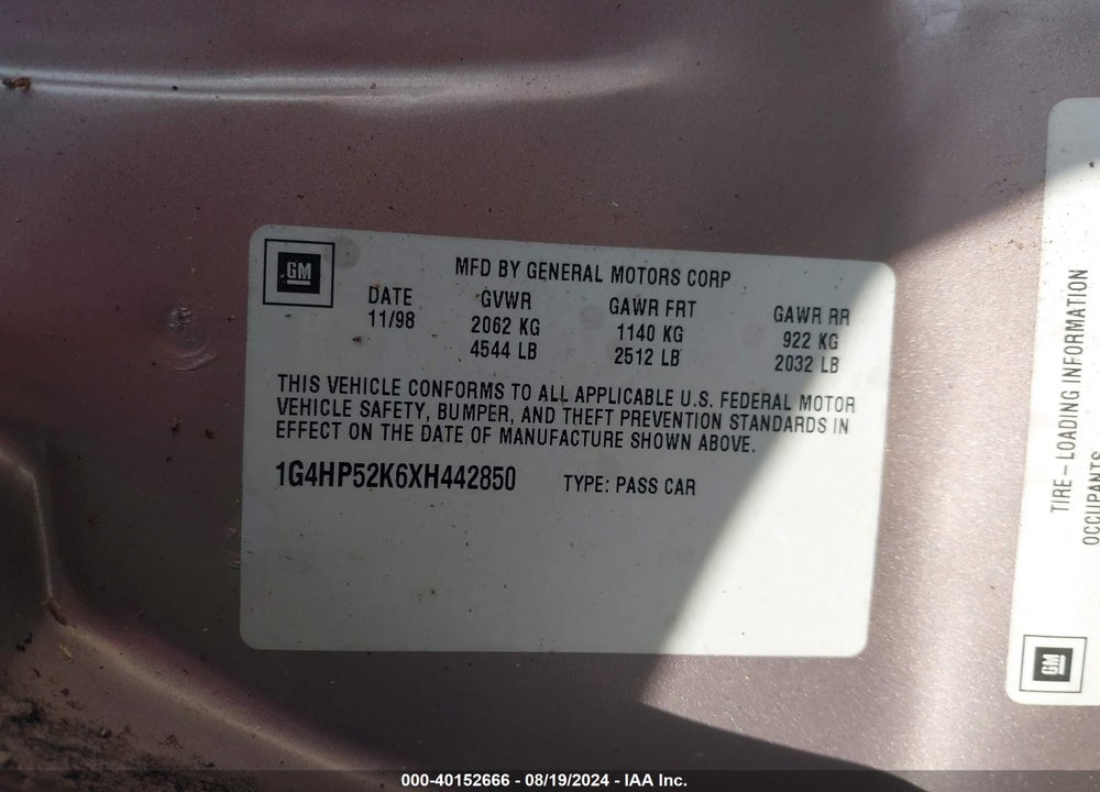 1999 BUICK LESABRE CUSTOM VIN: 1G4HP52K6XH442850
