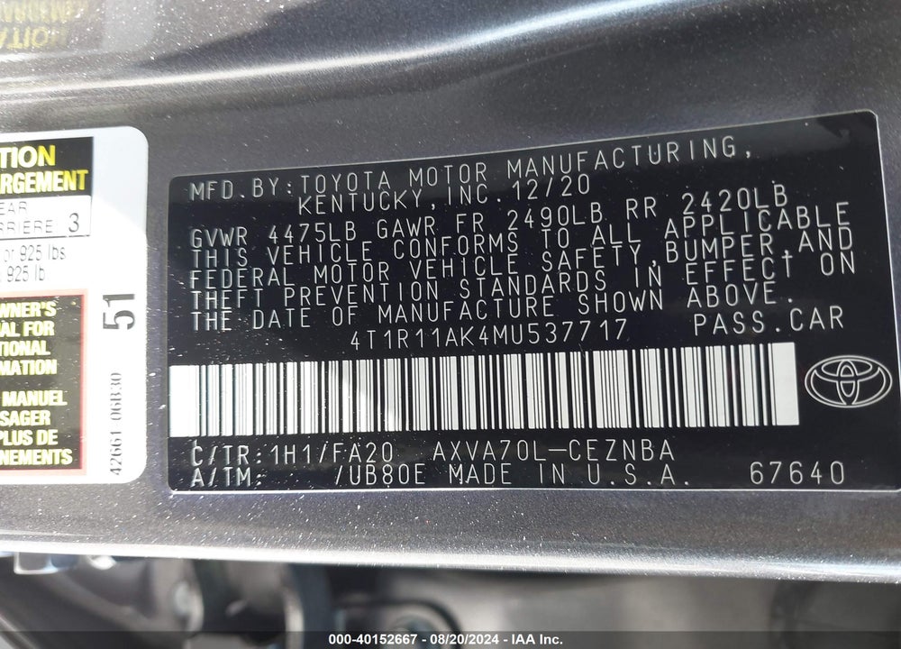 2021 TOYOTA CAMRY LE VIN: 4T1R11AK4MU537717