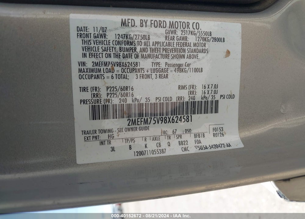 2008 MERCURY GRAND MARQUIS LS VIN: 2MEFM75V98X624581
