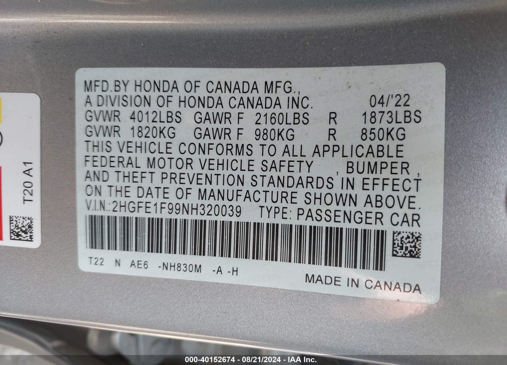 2022 HONDA CIVIC TOURING VIN: 2HGFE1F99NH320039