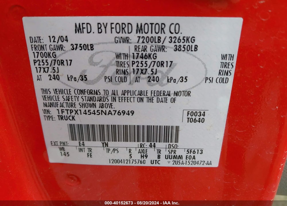 2005 FORD F-150 FX4/LARIAT/XL/XLT VIN: 1FTPX14545NA76949