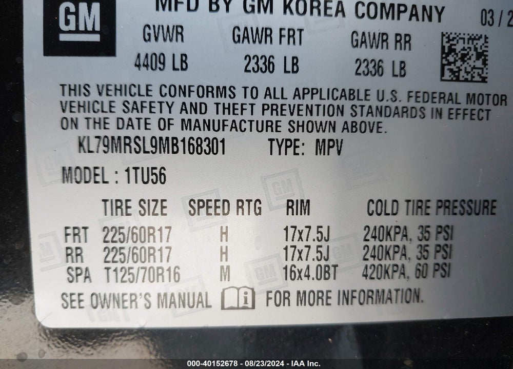 2021 CHEVROLET TRAILBLAZER AWD LT VIN: KL79MRSL9MB168301