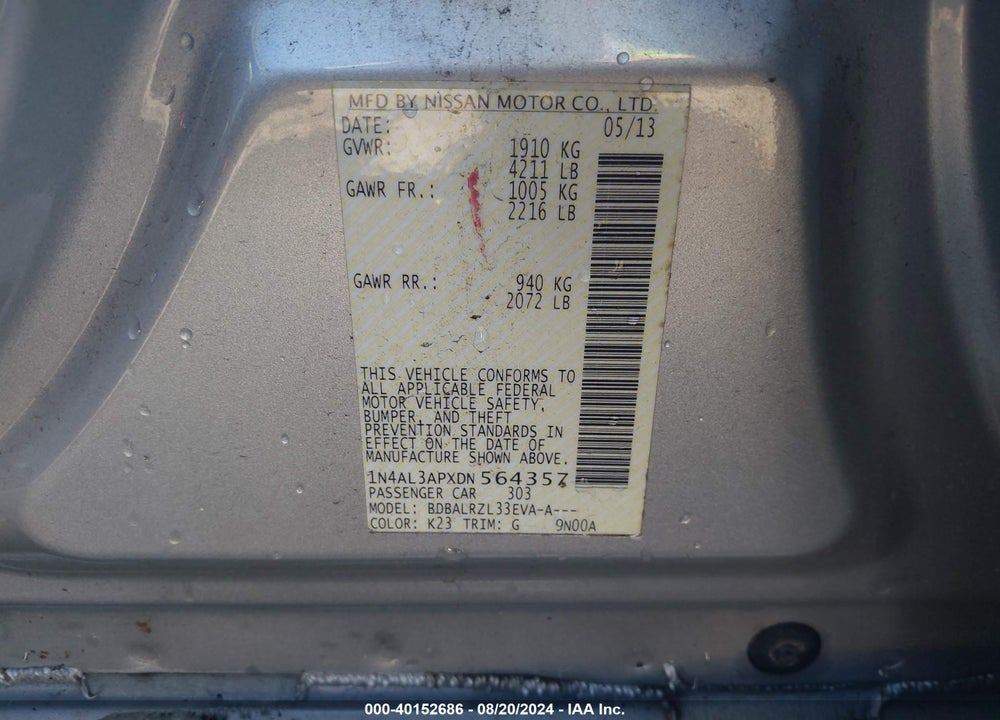 2013 NISSAN ALTIMA 2.5 S VIN: 1N4AL3APXDN564357