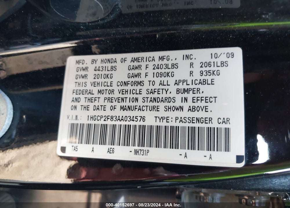 2010 HONDA ACCORD SDN 2.4 EX-L/EX-L VIN: 1HGCP2F83AA034576