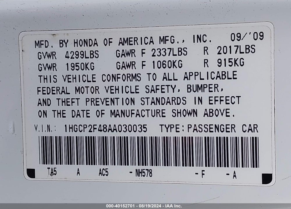 2010 HONDA ACCORD 2.4 LX-P VIN: 1HGCP2F48AA030035
