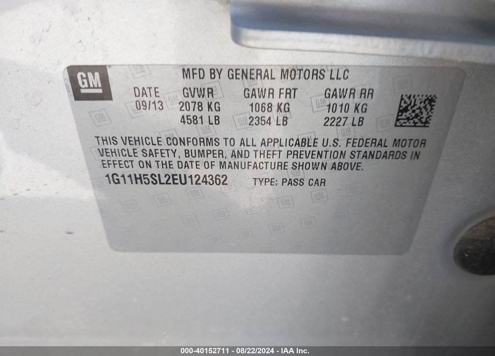 2014 CHEVROLET MALIBU 1LZ VIN: 1G11H5SL2EU124362