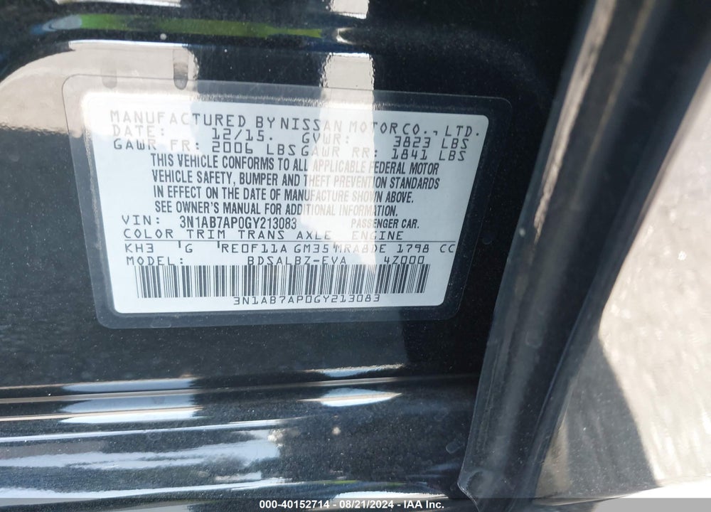 2016 NISSAN SENTRA S VIN: 3N1AB7AP0GY213083
