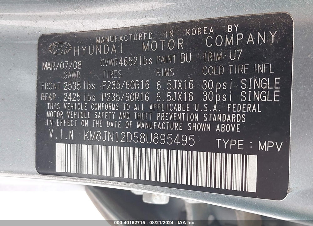 2008 HYUNDAI TUCSON LIMITED V6/SE VIN: KM8JN12D58U895495