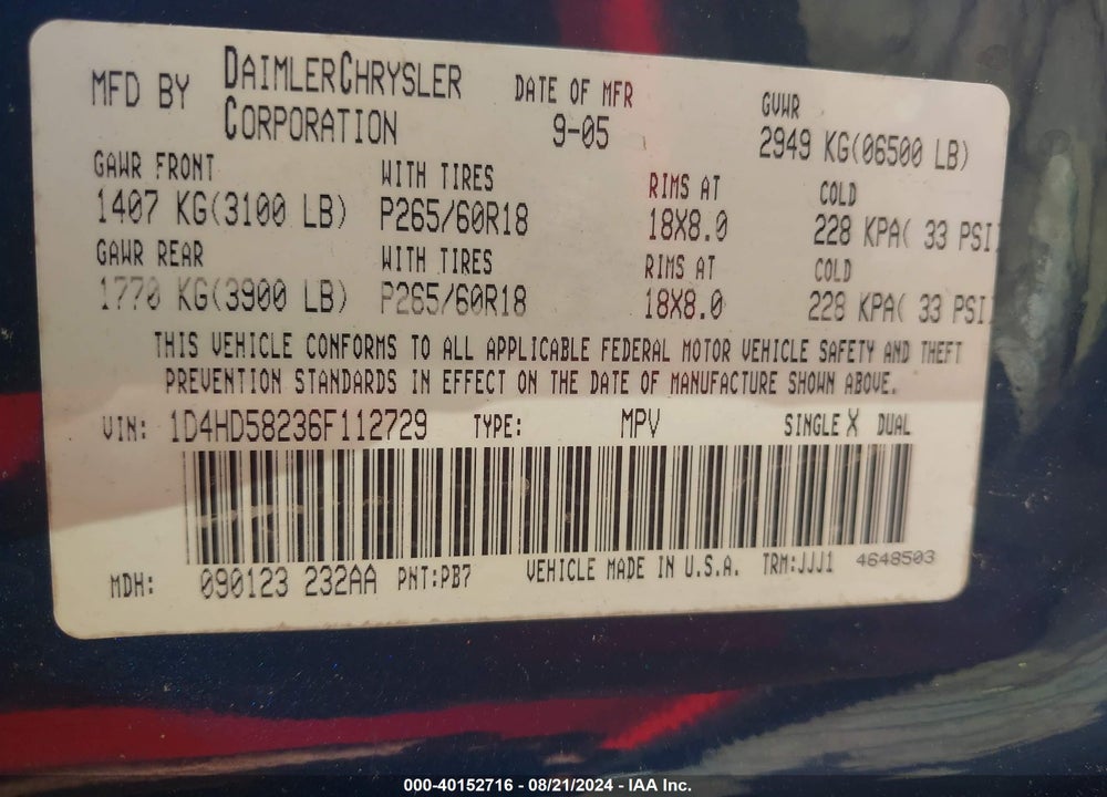 2006 DODGE DURANGO LIMITED VIN: 1D4HD58236F112729
