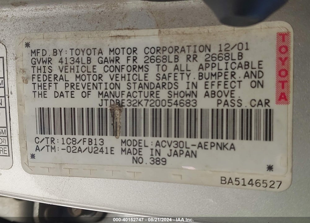 2002 TOYOTA CAMRY LE VIN: JTDBE32K720054683