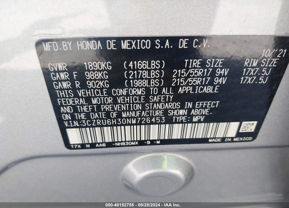 2022 HONDA HR-V AWD LX VIN: 3CZRU6H30NM726453