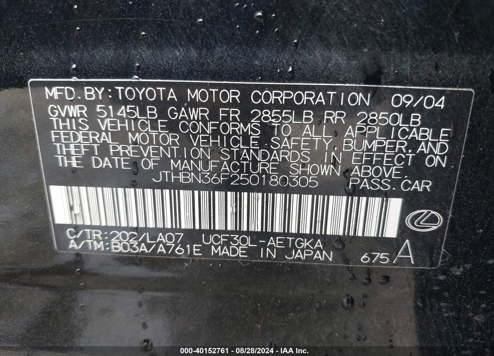 2005 LEXUS LS 430 VIN: JTHBN36F250180305