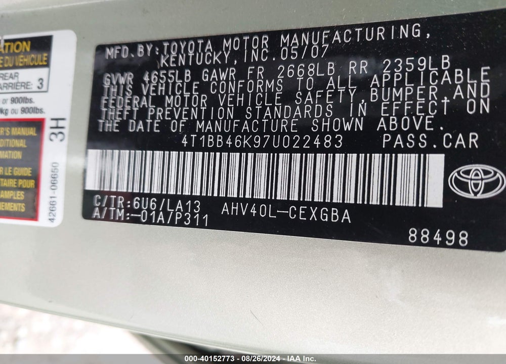 2007 TOYOTA CAMRY HYBRID VIN: 4T1BB46K97U022483