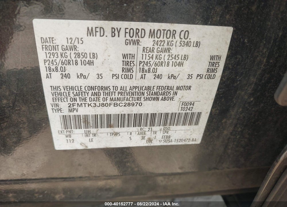 2015 FORD EDGE SEL VIN: 2FMTK3J80FBC28970