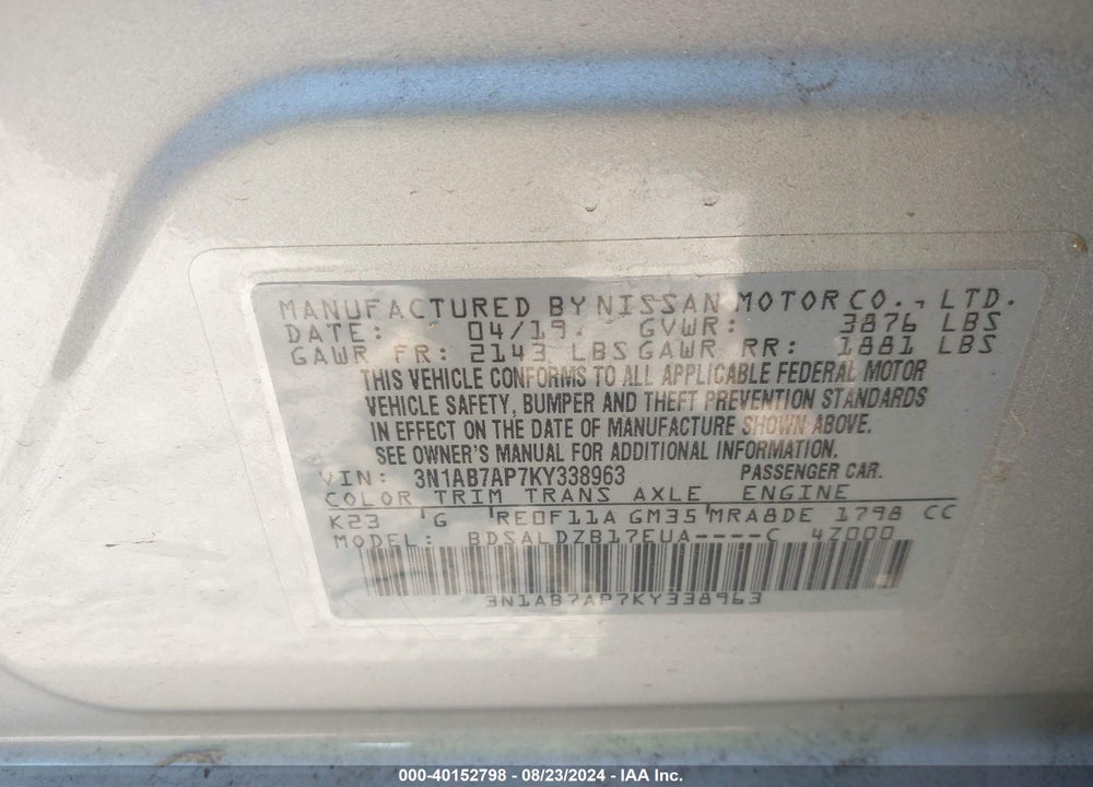 2019 NISSAN SENTRA SV VIN: 3N1AB7AP7KY338963