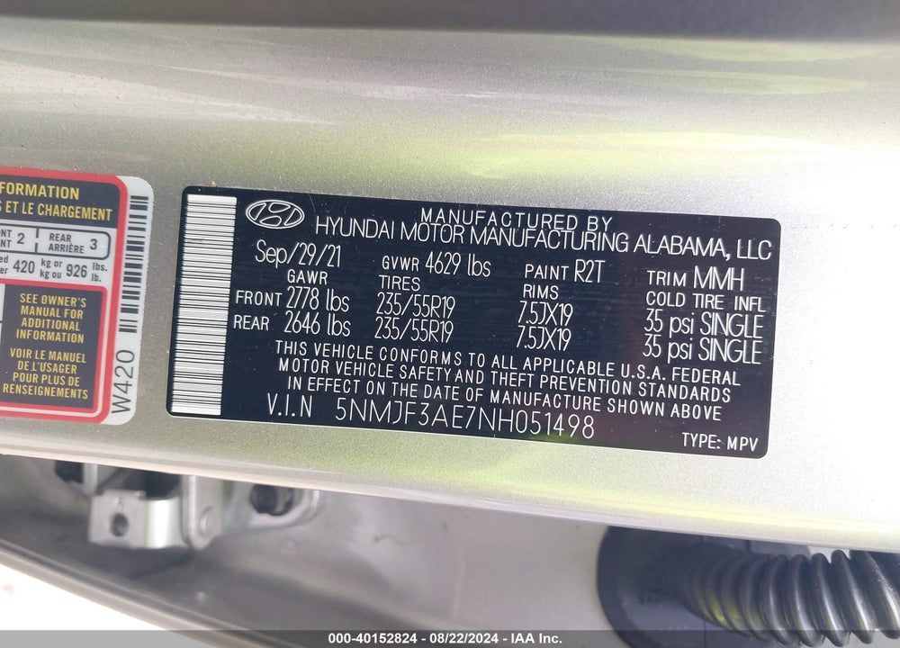 2022 HYUNDAI TUCSON SEL VIN: 5NMJF3AE7NH051498
