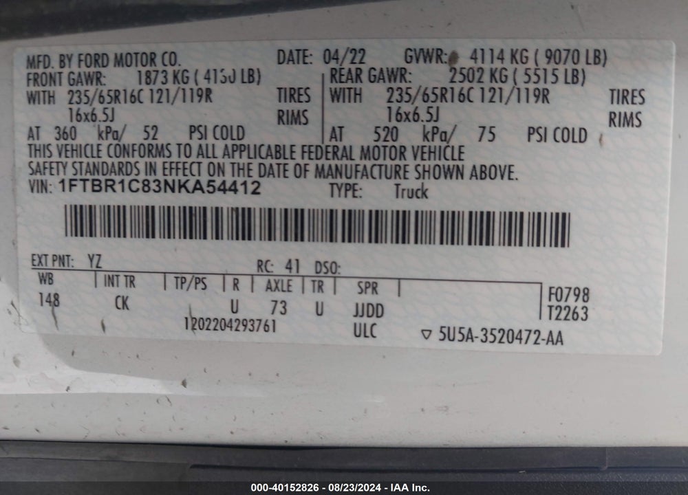 2022 FORD TRANSIT-250 VIN: 1FTBR1C83NKA54412