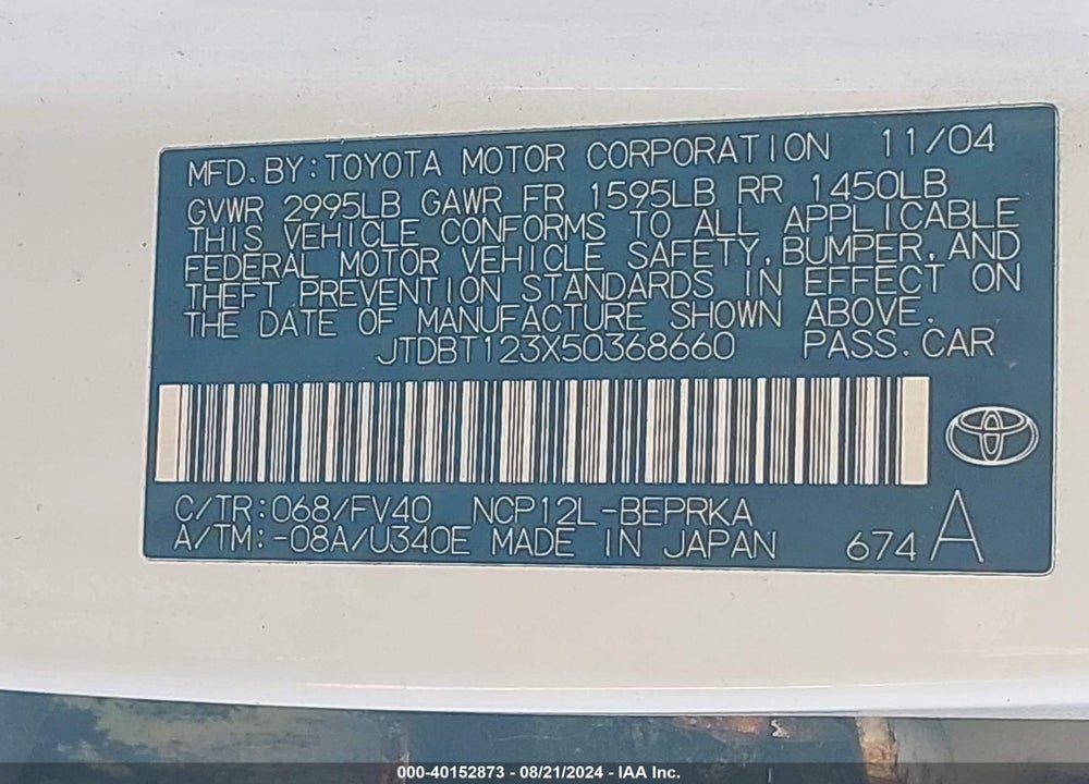 2005 TOYOTA ECHO VIN: JTDBT123X50368660