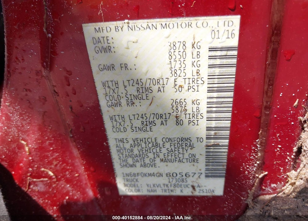 2016 NISSAN NV CARGO NV1500 SV V6 VIN: 1N6BF0KM4GN805677