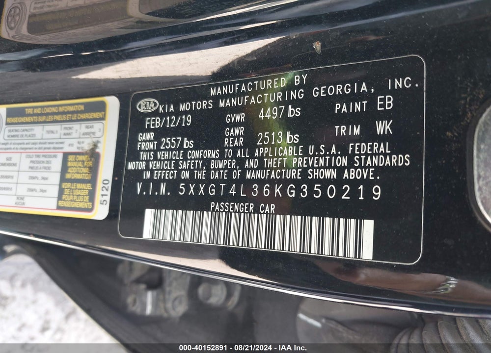 2019 KIA OPTIMA VIN: 5XXGT4L36KG350219