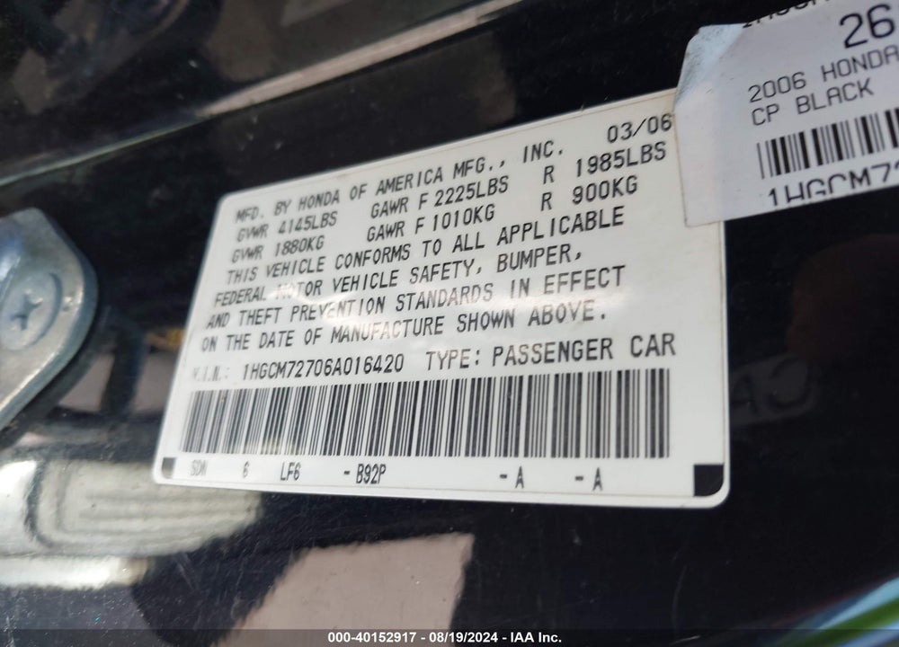 2006 HONDA ACCORD 2.4 EX VIN: 1HGCM72706A016420