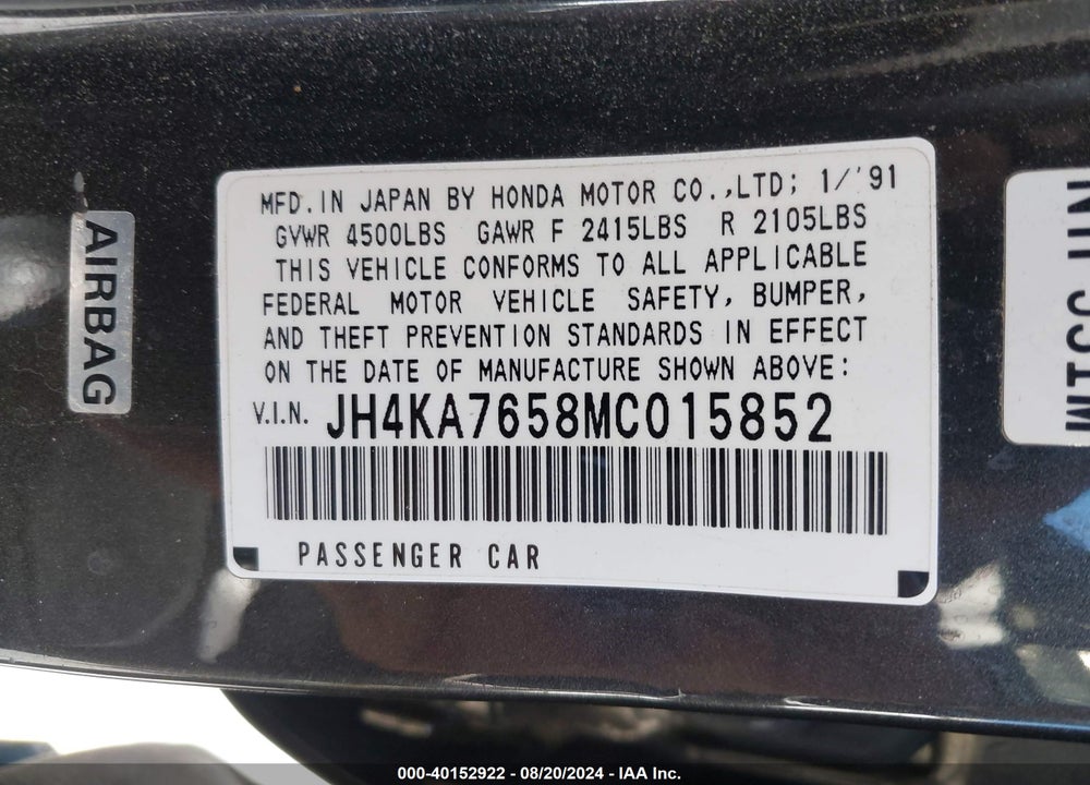 1991 ACURA LEGEND L VIN: JH4KA7658MC015852