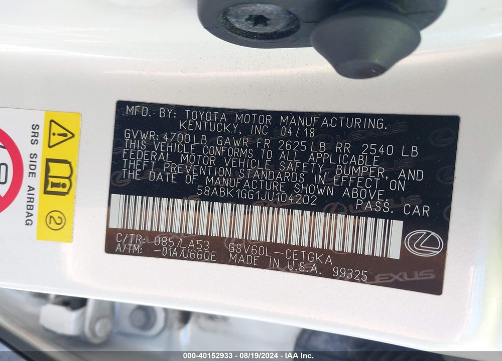 2018 LEXUS ES 350 VIN: 58ABK1GG1JU104202