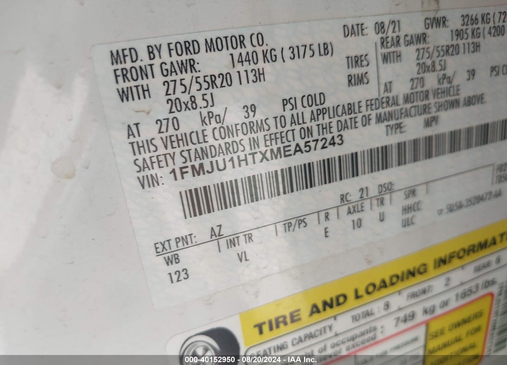 2021 FORD EXPEDITION XLT VIN: 1FMJU1HTXMEA57243